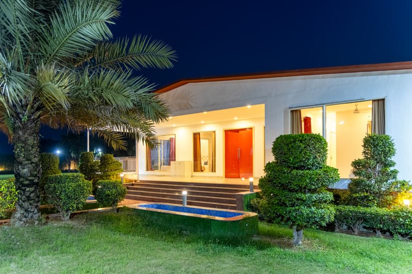 Madhuram Farm | 4 BHK Farmhouse with Private Pool, Half-Acre Lawn, Garden Lounge & Entertainment Room