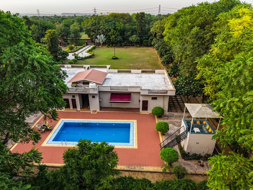 MKS Farms | 3-BHK Farm Villa with Private Swimming Pool, Garden Gazebo, Arched Verandah, Landscaped Lawn & Poolside Dining