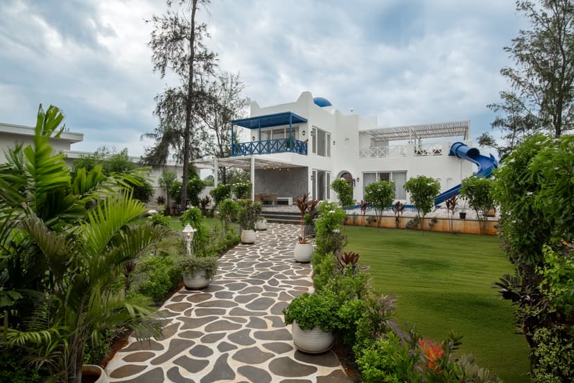Casa Santorini | Greek Style 2-BHK Villa with Private Swimming Pool, Water Slide, Garden, Open Shower, Jacuzzi, Bathtub & Beach Views